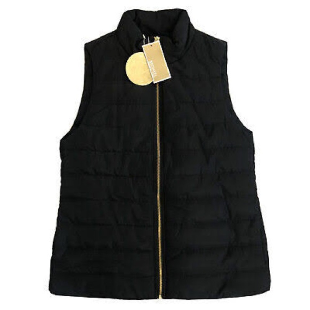 MICHAEL Michael Kors Black Puffer Vest with Gold Accents